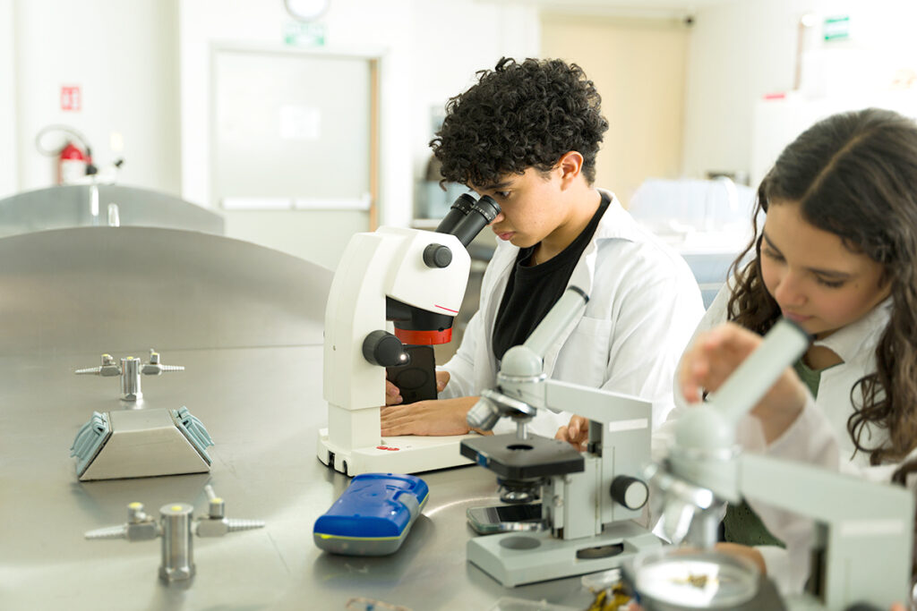 High school students using microscopes in laboratory experiment